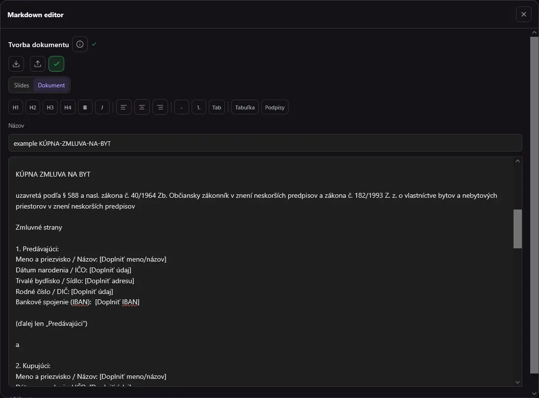 Bežný text vložený do editora arlenCALL