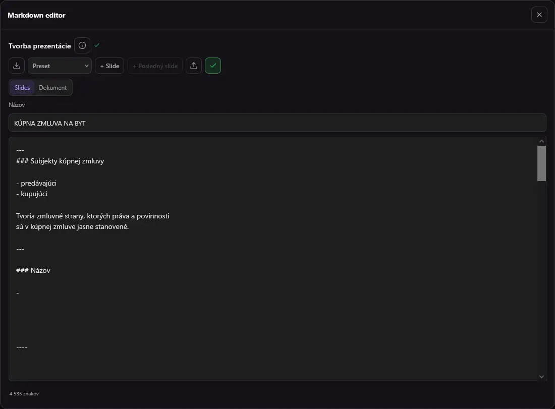 Tlačidlo plus Posledný slide oddeľuje prezentáciu od dalšieho textu